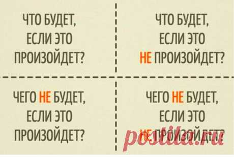 КВАДРАТ ДЕКАРТА. 

Это простая техника принятия решений. Ее суть заключается в том, что нужно рассмотреть проблему/ситуацию, ответив на такие четыре вопроса: 

1. Что будет, если это произойдет? (Что я получу, плюсы от этого). 

2. Что будет, если это не произойдет? (Все останется так, как было, плюсы от неполучения желаемого). 

3. Чего НЕ будет, если это произойдет? (Минусы от получения желаемого). 

4. Чего НЕ будет, если это НЕ произойдет? (Минусы от неполучения желаем...