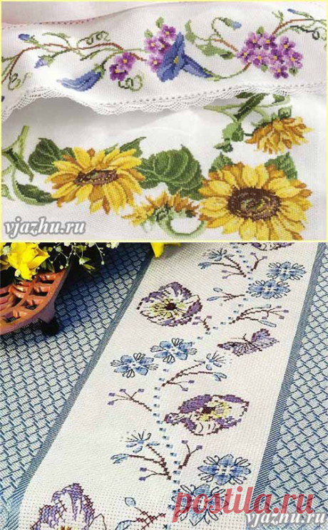 Вышивка бордюров крестом - схемы цветочных узоров..