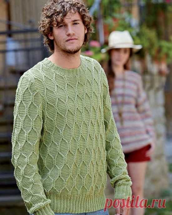Вяжем мужчинам: стильный джемпер ◇ Размеры: XS (S, M, L, XL, XXL, 2XL)• окружность груди – 97 (102, 107, 112, 117, 122, 127) см.◇  Вам потребуется:• пряжа (50% хлопок, 50% лен; 200 м/ 100 г) – 7 (8, 8, 9, 9, 10, 10) мотков,• спицы №3,75 и №4,5,• дополнительная спица.◇ Плотность вязания:• 23 п. и 32 р. = 10 см спицами...