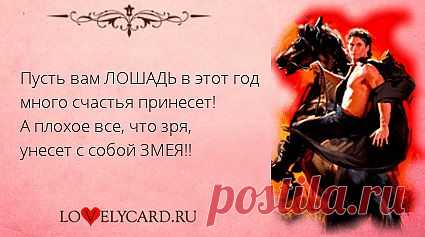 Пусть вам ЛОШАДЬ в этот год много счастья принесет! А плохое все, что зря, унесет с собой ЗМЕЯ!! 
Картинка про любовь №671 с сайта lovelycard.ru