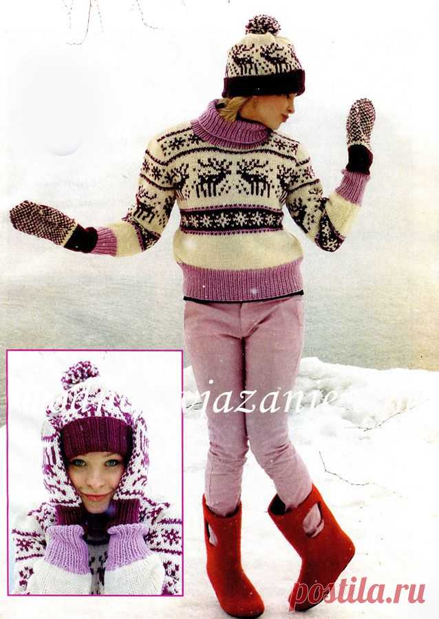 Свитер, шапка, варежки с оленями