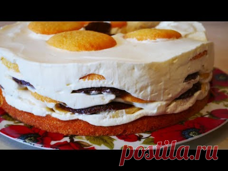 Бисквитный торт со сметанным кремом и бананами ВКУСНО !!! НЕ ОПИСАТЬ СЛОВАМИ