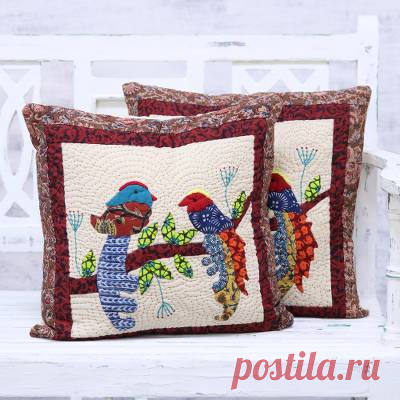 Pair of Cotton Cushion Covers with Bird Motif - Love Birds | NOVICA