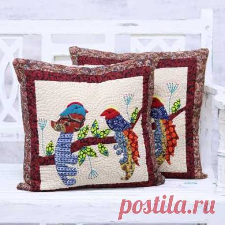 Pair of Cotton Cushion Covers with Bird Motif - Love Birds | NOVICA