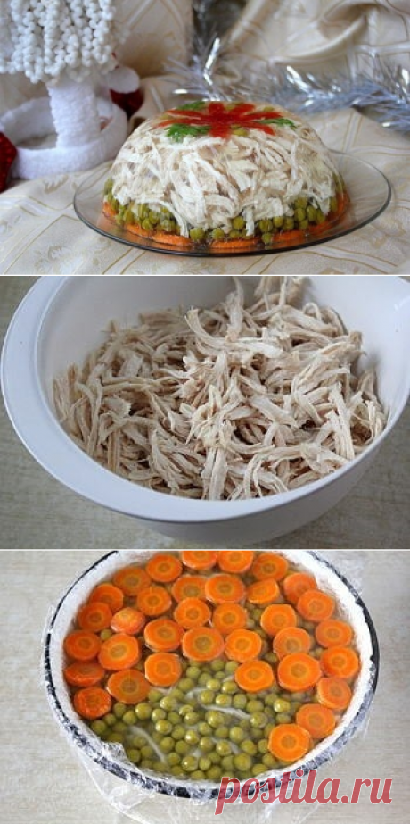 заливное из курицы.   - рецепт

Грудка куриная — 550 г на кости.
Морковь — 130 г 
Лук репчатый — 70 г 
Сельдерей стеблевой — 1 шт. 
Вода — 1 л 
Чеснок — 3 зуб. 
Лавровый лист — 1 шт. 
Горошек зеленый — 100 г консервированный.
Соль — по вкусу 
Перец черный — по вкусу горошком.
Желатин — 20 г