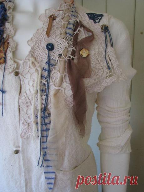 Cream Cotton Vest Raggedy Elements Upcycled Clothing от vintacci