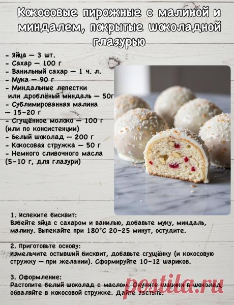 Кокосовые пирожные с малиной и миндалем, покрытые шоколадной глазурью