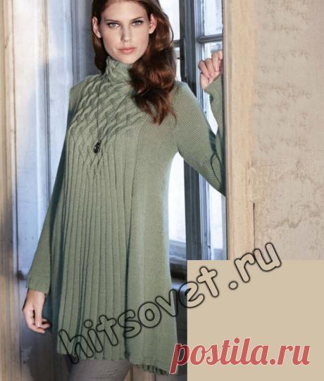 Стильная туника спицами - Хитсовет Стильная туника спицами. Модная модель стильной туники для женщин со схемами и бесплатным описанием вязания. Вам потребуется: 750 (800, 850) грамм светло-зеленой пряжи, состоящей из 100% мериносовой шерсти, длиной нити 160 метров в 50 граммах, спицы № 4,5 и 5: круговые спицы № 5 длиной 100 см: чулочные спицы № 4,5.