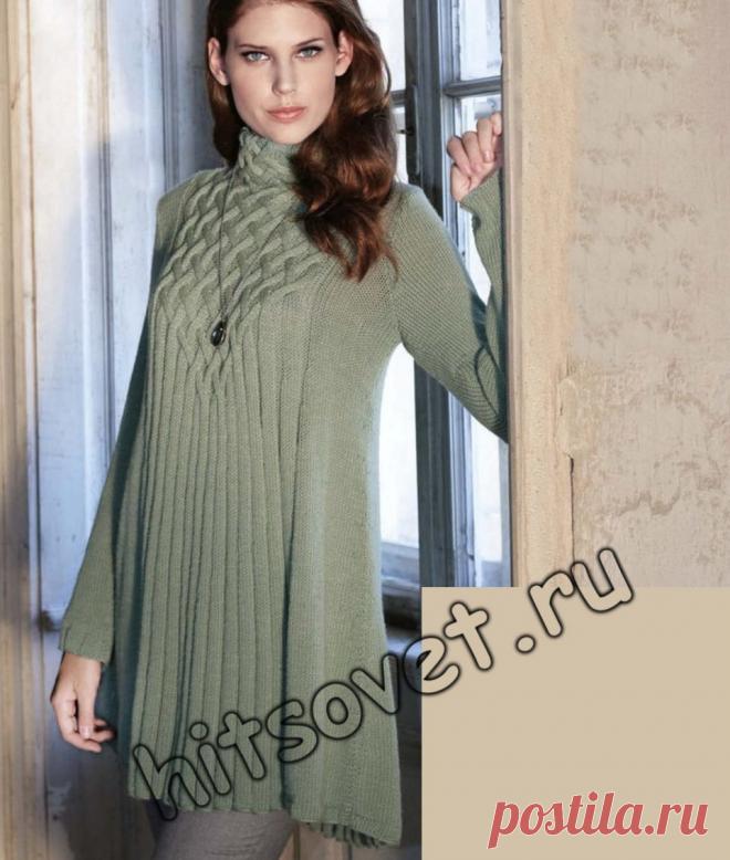 Стильная туника спицами - Хитсовет Стильная туника спицами. Модная модель стильной туники для женщин со схемами и бесплатным описанием вязания. Вам потребуется: 750 (800, 850) грамм светло-зеленой пряжи, состоящей из 100% мериносовой шерсти, длиной нити 160 метров в 50 граммах, спицы № 4,5 и 5: круговые спицы № 5 длиной 100 см: чулочные спицы № 4,5.