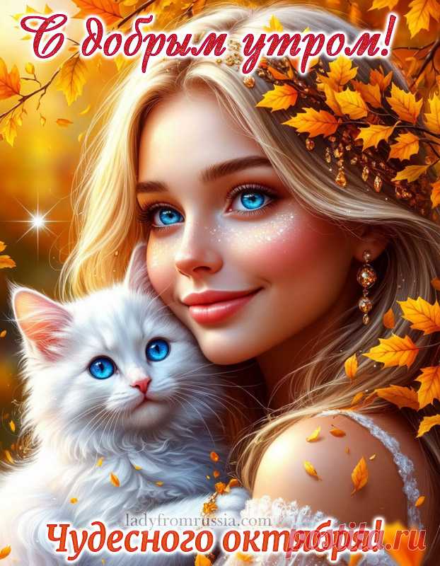 Открытка с добрым октябрьским утром, красивая картинка с добрым утром октября с котиком, с пожеланием чудесного октября!