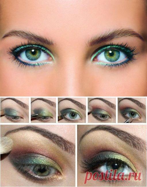 ЗЕЛЕНЫЕ ГЛАЗА ! Макияж + МК пошаговое фото.  Считается, что зеленые глаза принадлежат колдуньям. Так это или нет, проверять, думается, не стоит. А вот придать взгляду еще больше выразительности и некоторого волшебства с помощью косметики можно !..