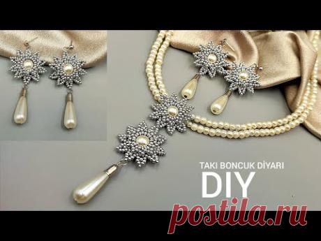 Pearl necklace and Earrings. Easy to make beaded Necklace & Earrings.İnci kolye & küpe yapımı.#diy