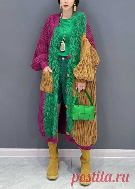 Chic Green V Neck Button Pockets Patchwork Knit Cardigan Fall