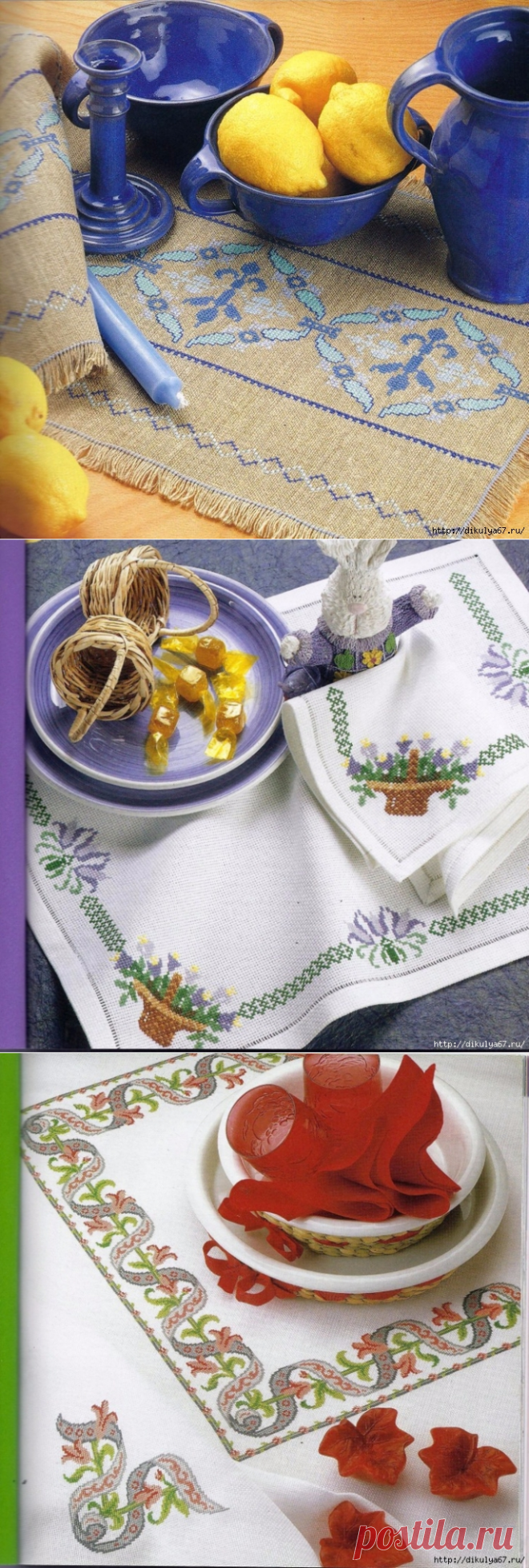 Вышивка крестиком на скатерти и салфетках. Уголки