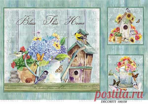Рисовая бумага с рисунком DECORITI 100558, формат А4, Скворечники и лейки ― HandMadeDecor