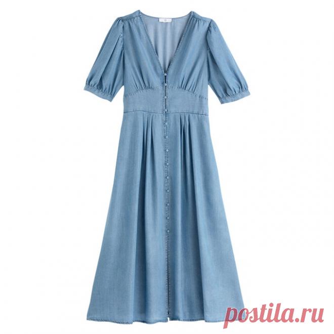 Платье длинное с v-образным вырезом и короткими рукавами синий потертый La Redoute Collections купить в интернет-магазине | La Redoute