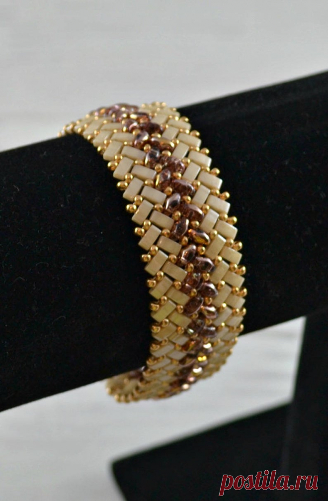 Beaded Herringbone Bracelet in Gold and Cream Half Tila Bead | Etsy