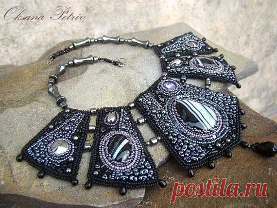 (3) Beaded, Beadwork, Bead Embroidered Necklace with black agate, Black necklace | Агаты, Черное Ожерелье и Бисер