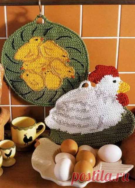 Прихватки "Курица с цыплятами" крючком.