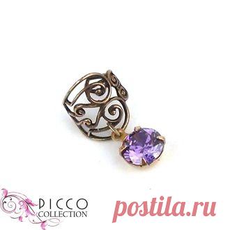 "Арт" - Филигранная серёжка кафф с подвеской фианита ярко фиолетового цвета.