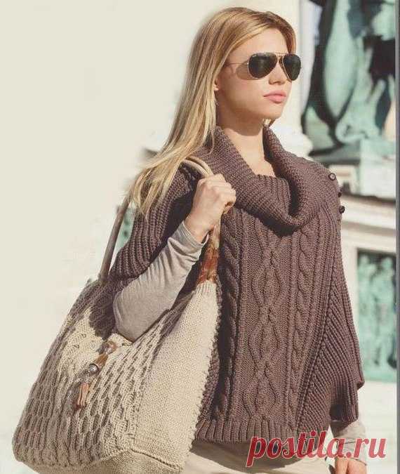 Пончо с большим воротником спицами. Связать пончо спицами своими руками Пуловер-пончо с рукавами летучая мышь. Связать пончо спицами своими руками