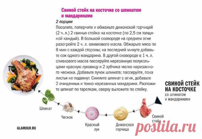 Свиной стейк на косточке со шпинатом и мандаринами