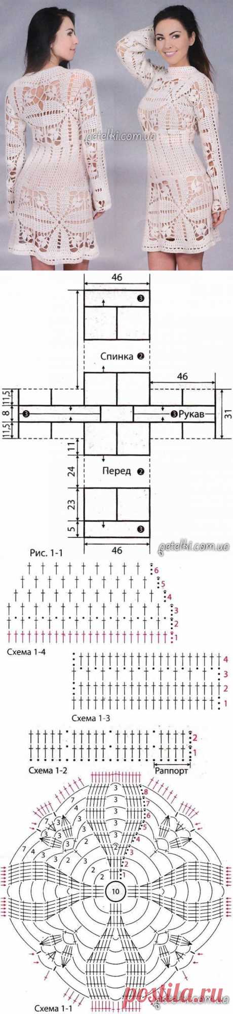 Интересное белое платье крючком. Описание, схемы