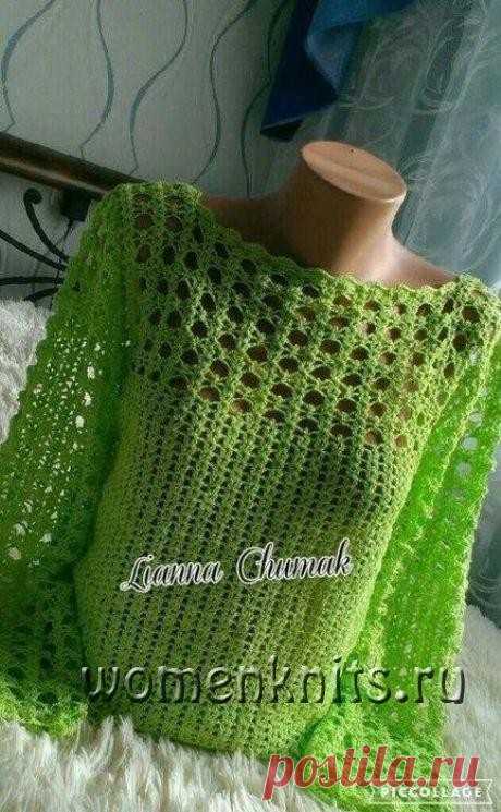 Замечательный ажурный пуловер крючком
Схема: https://womanknits.ru/vyazanie-dlya-zhenshchin/topy-azhurnye-koftochki/zamechatelnyj-azhurnyj-pulover-kryuchkom