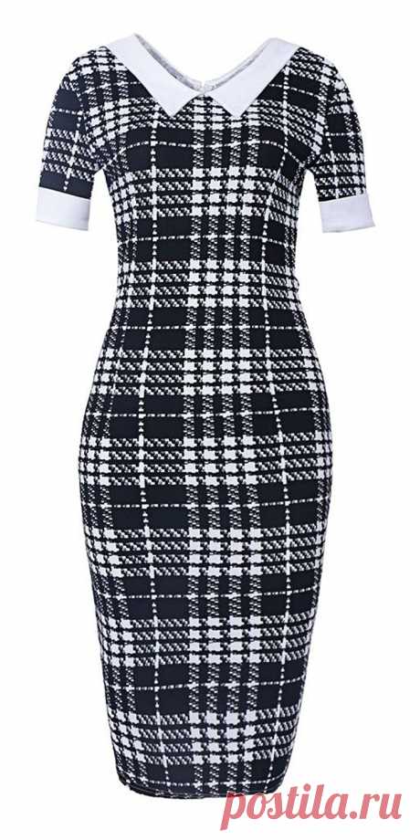 MF Women's Houndstooth Print V Neck Short Sleeve Tunic Formal Midi Dress at Amazon Women’s Clothing store: