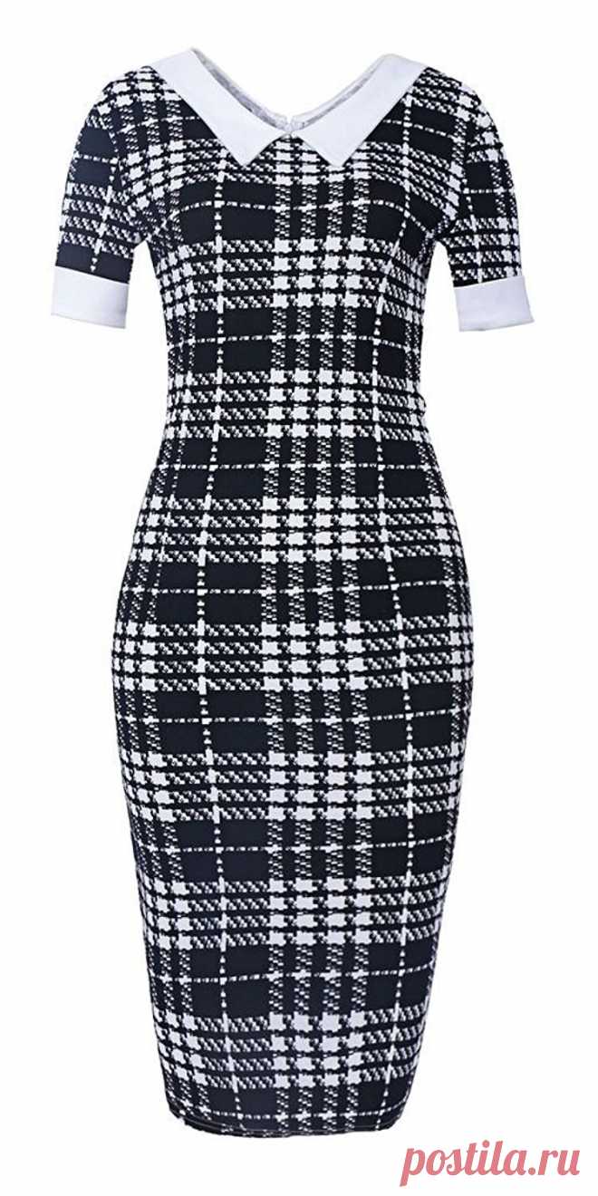 MF Women's Houndstooth Print V Neck Short Sleeve Tunic Formal Midi Dress at Amazon Women’s Clothing store: