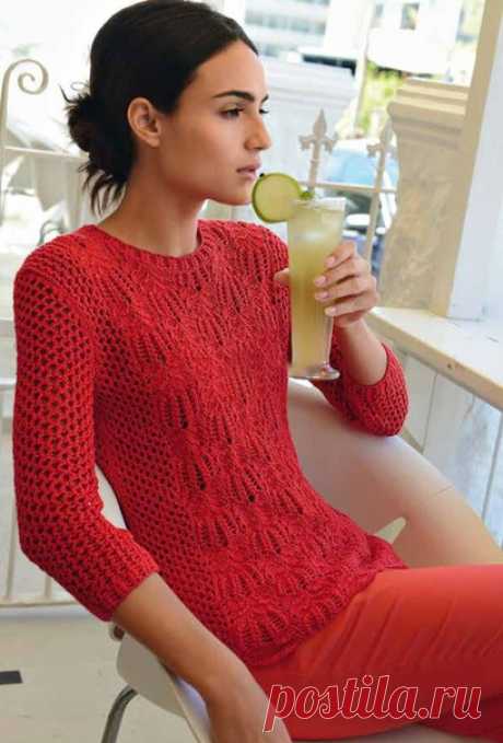 Красный пуловер спицами с узором Ракушка

Пряжа COTON FIFTY (50 % хлопок, 50 % акрил, 50 гр/140 м) Ecarlate 231.651. Cп. №2,5 и 3.
Условные обозначения:
1 простая изнаночная протяжка: Провязать 1 п. изнаночной, затем перевести эту п. на левую спицу. Правой спицей взять 2-ую п. с левой спицы и сбросить ее на перенесенную петлю и вернуть перенесенную п. на правую спицу.
Примененные вязки:
Лицевая гладь, сп. № 3
Ажурный узор, сп. № 3. На кол-ве п., кратном 4.
1-й ряд (лицо ра...