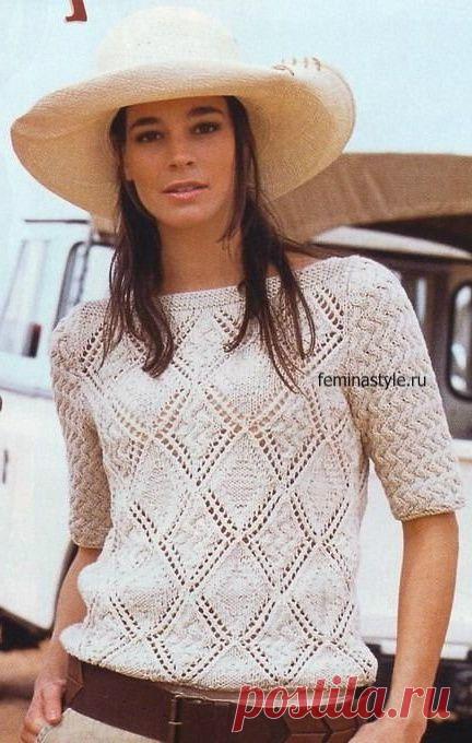Спицы.Стильный летний пуловер льняного цвета