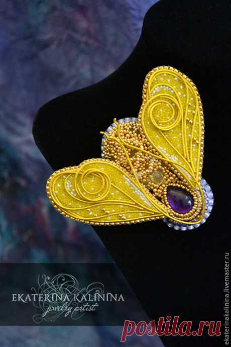 Купить брошь &quot;Посланник солнца&quot; - золотой, аметист, цитрин, брошь, муха, бабочка, пчела