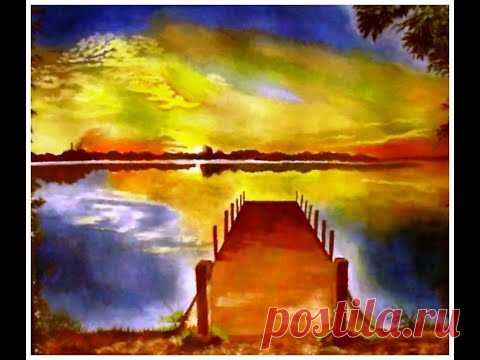 Яркий закат на озере. Как рисовать пейзаж гуашью
