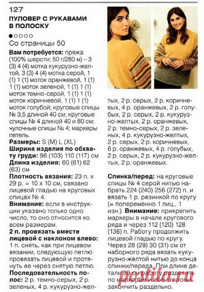 Женский пуловер с полосатыми рукавами спицами | vjazem.ru