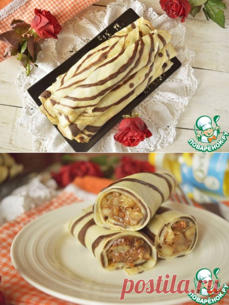 Полосатые блины с бананом, изюмом и орехами - кулинарный рецепт