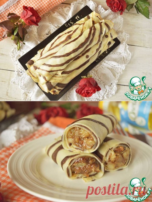 Полосатые блины с бананом, изюмом и орехами - кулинарный рецепт