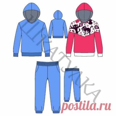 Детский спортивный костюм: толстовка и брюки
Размеры 86-164
Весь размерный ряд в источнике https://materials.tell4all.ru/vykrojka-bazovogo-sporti..