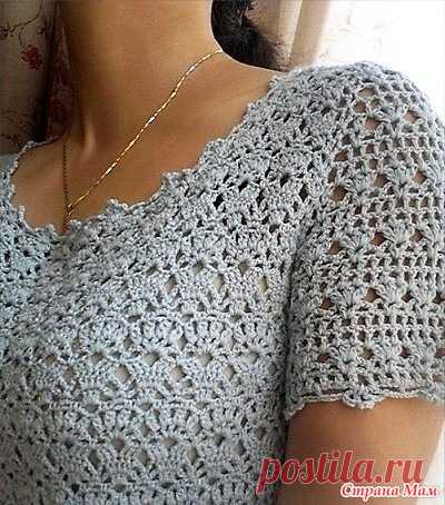 Голубая ажурная кофточка с короткими рукавами. - Все в ажуре... (вязание крючком) - Страна Мам