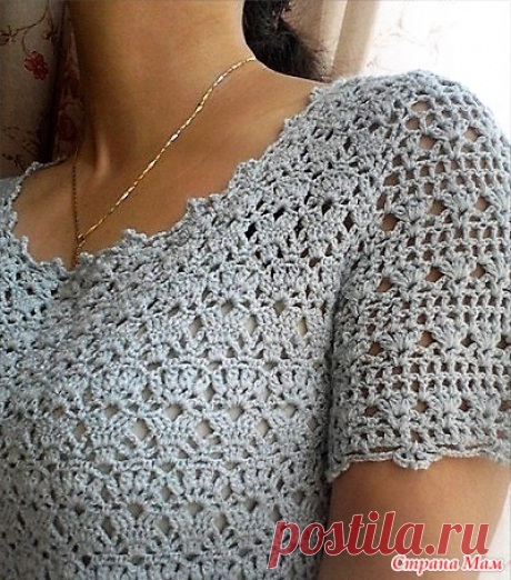 Голубая ажурная кофточка с короткими рукавами. - Все в ажуре... (вязание крючком) - Страна Мам