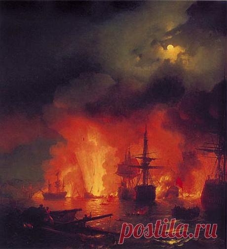 © Чесменский бой 25-26 июня 1770 г.. 
1848г., холст, масло, 220х188см
Феодосийская картинная галерея, Феодосия
Иван Айвазовский. Картины шедевры мировой живописи. ©ARTRUSSIA-Искусство России