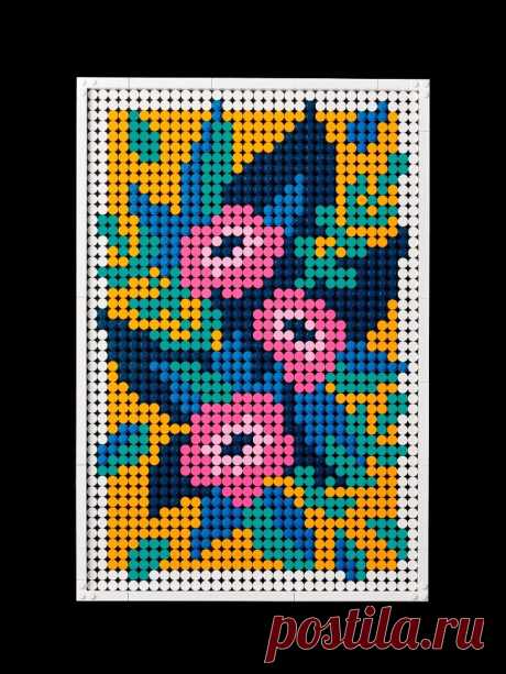 a cross stitch pattern with flowers and leaves in the center, on a black background