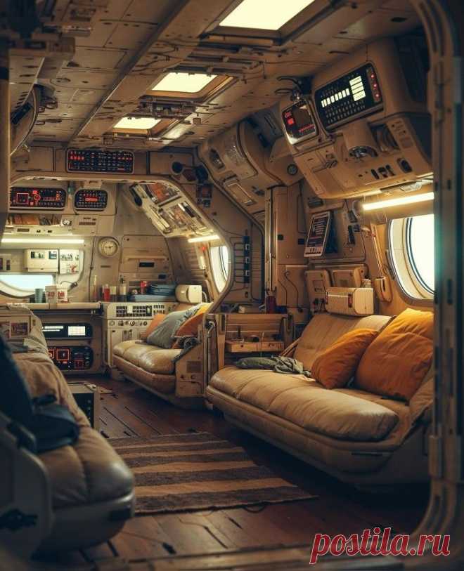Киберпанк. Комната. Диваны. Приборы. Окна - иллюминаторы.