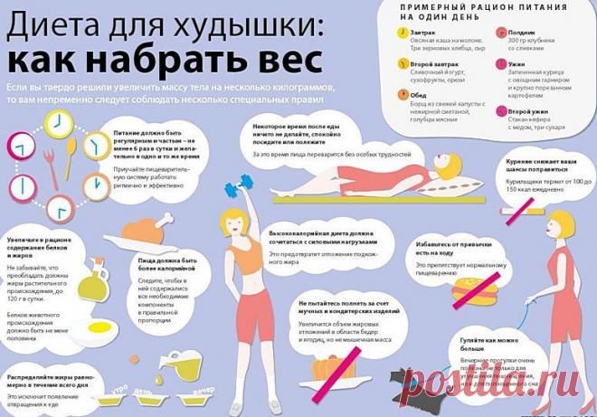 Как набрать вес, как поправиться, потолстеть (диета наоборот)
Как набрать вес? У многих вопрос вызывает недоумение, но иногда требуется и поправиться. Какие продукты надо есть, чтобы потолстеть, значения спорта, коктели