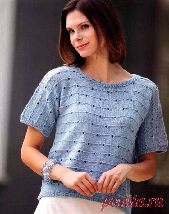 Летний джемпер футболка топ спицами от дизайнера Melissa Leapman. РазмерS; M; L; XL; 2XL;ПотребуетсяПряжа Universal Yarn Eden Silk (75% мериносовой шерсти, 25% шелка) голубого цвета.Расход пряжи по размерам250 г. - S290 г. - M320 г. - L370 г. - XL410 г. - 2XLCпицыКруговые спицы № 3,5; № 3,75.Техника вязания узоровЛицевая гладьЛицевые ряды – лиц....