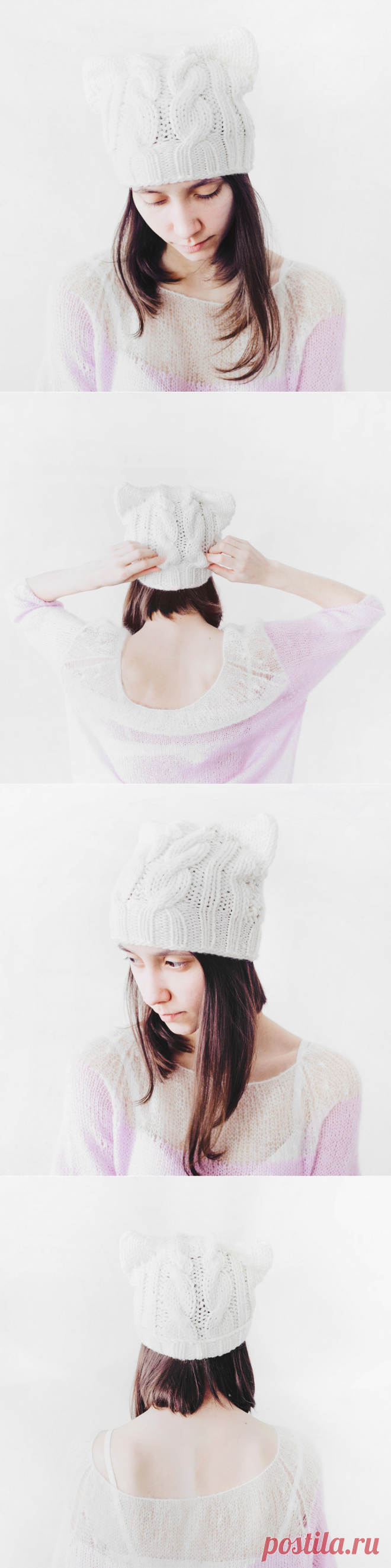 Купить вязаную шапку с кошачьими ушками молочного цвета от бренда LYMI | Mellroot