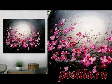 Step by Step acrylic painting on canvas for beginners | moon light night Painting | Tree of flowers - YouTube