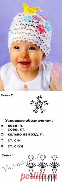 Шапочка крючком с короной и цветочками - Детские шапочки крючком