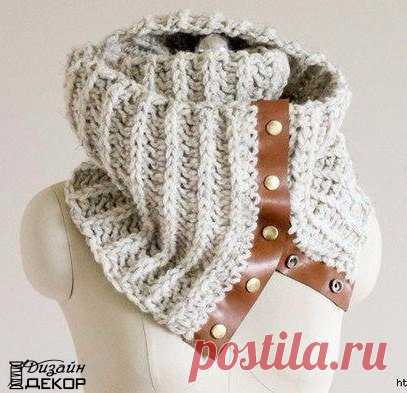 Шарф снуд с отделкой кожей и кнопками (Вязание спицами) | Журнал Вдохновение Рукодельницы