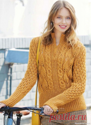 Приталенный шерстяной пуловер с миксом узоров | Вязание для женщин спицами. Схемы вязания спицами Красивый пуловер спицами с застежкой-молнией на горловине связан узорами из «кос», ажура и «листьев» из шерсти на спицах № 7. Размер: 38/40. 
Вам потребуется: 450 г пряжи цвета охры Lana Grossa «Landlust Merino 120» (94% натуральной шерсти, 6% полиамида; 120 м/50 г); спицы № 6 и 7;...